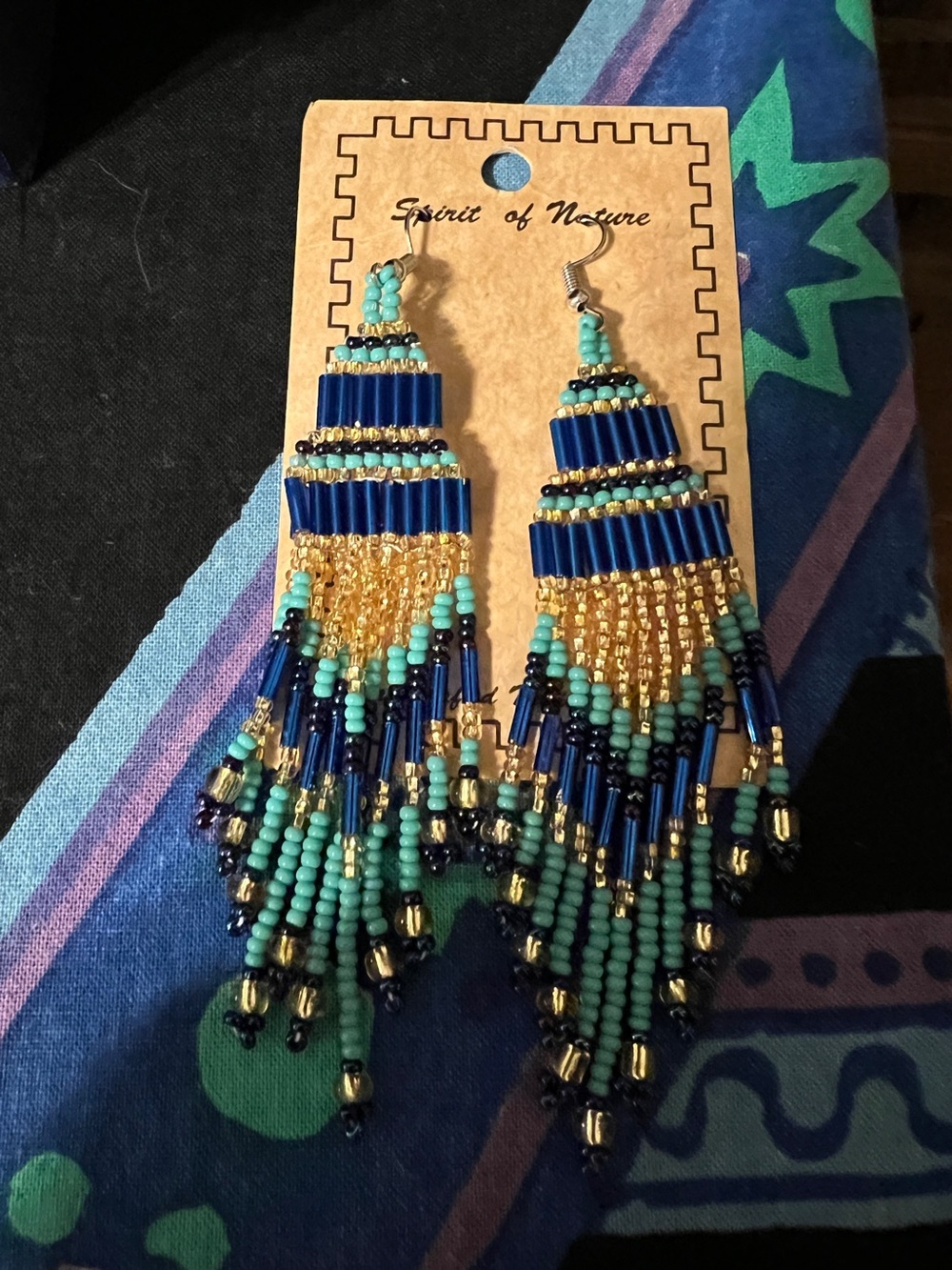 Blue, Turquoise & Gold Beaded Fringe Earrings